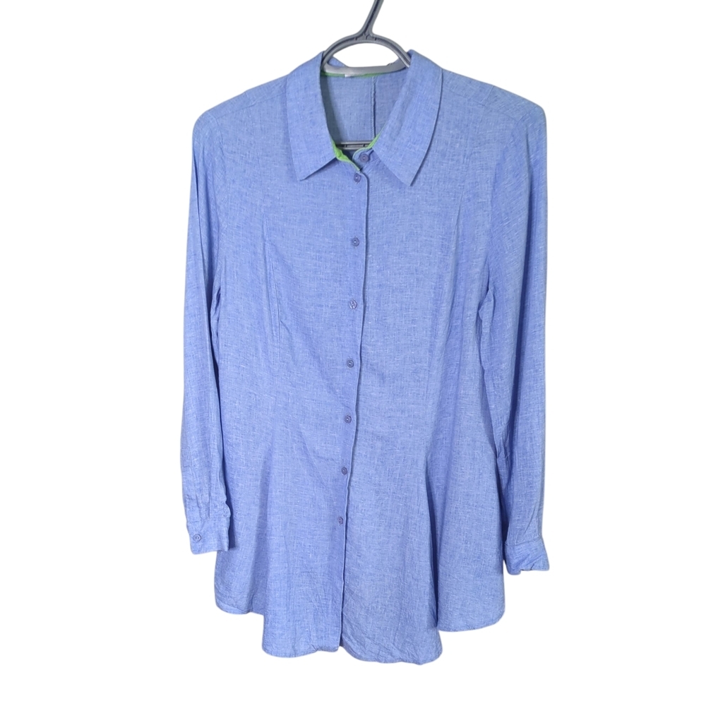 Patrizia Luca Milano Blue Chambray Button‑Up Top Linen Blend Sz M Flared‎ Hem